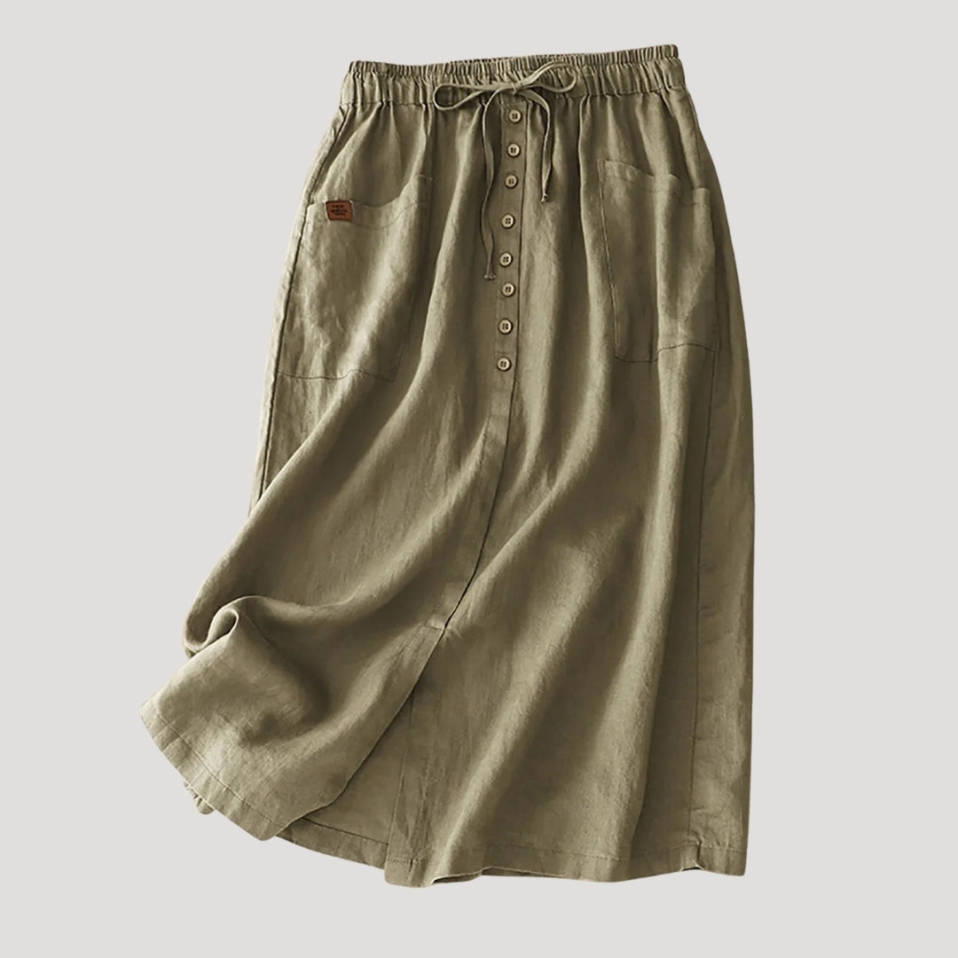 Women’s Linen Long Skirt Elastic Waist Button Front Pockets