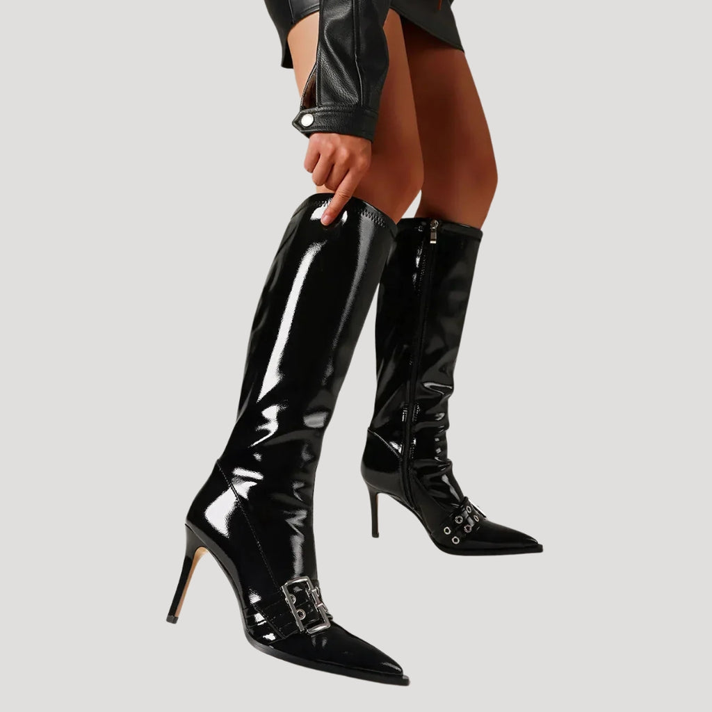 Women’s Knee High Boots High Heel Pointed Toe Buckle Zip