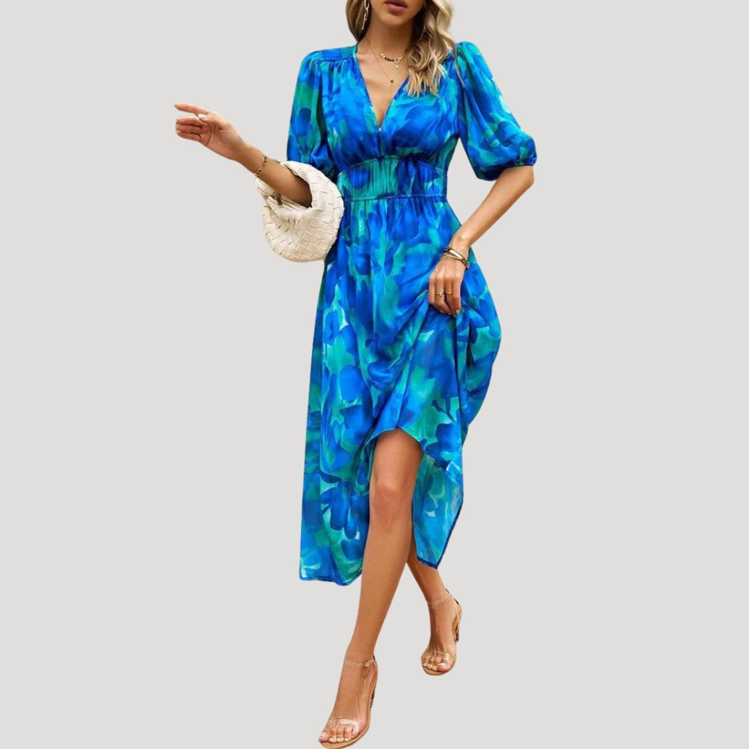 Women’s Dress Floral Midi Puff Sleeve V Neck Casual