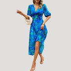Women’s Dress Floral Midi Puff Sleeve V Neck Casual