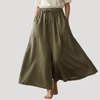 Women’s Linen Long Skirt Elastic Waist Button Front Pockets