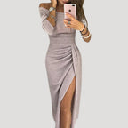 Women’s Off Shoulder Midi Dress Side Slit Bodycon Evening Gown