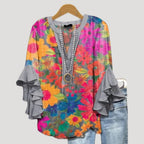 Women’s Floral Tunic Blouse Ruffle Sleeve V Neck Boho Top