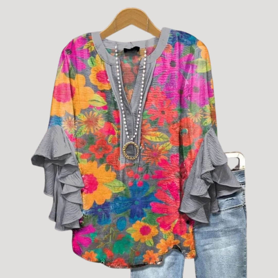 Women’s Floral Tunic Blouse Ruffle Sleeve V Neck Boho Top