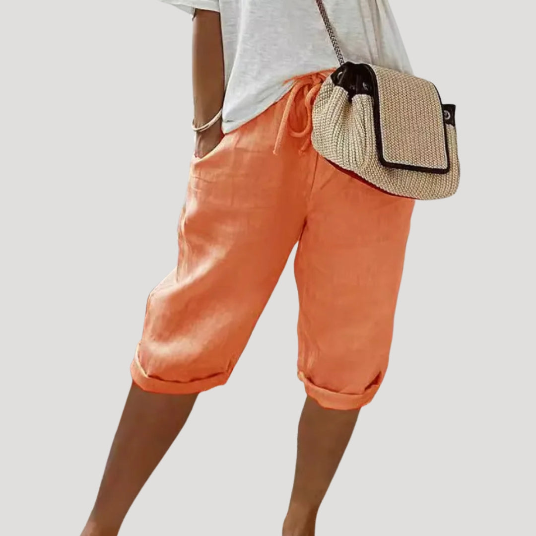 Women Linen Capri Trousers Elastic Waist Relaxed Fit