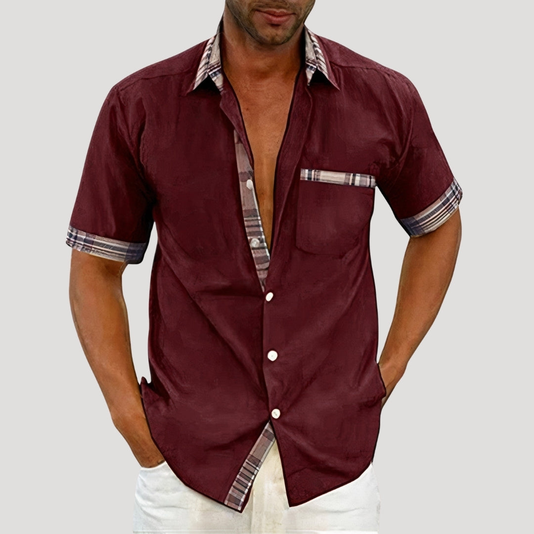 Mens Casual Shirt Short Sleeve Button Down Plaid Trim