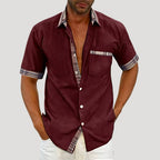 Mens Casual Shirt Short Sleeve Button Down Plaid Trim