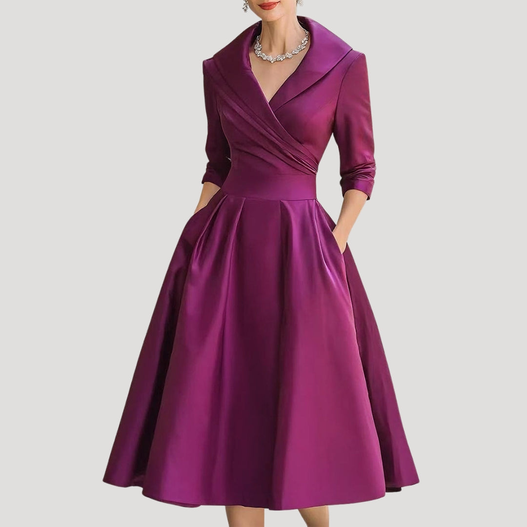 Women Wrap Midi Dress V Neck Elegant Fit Flared Skirt