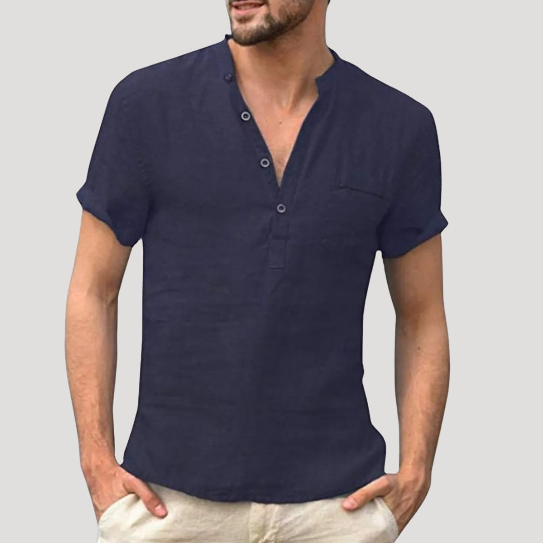 Men’s Linen Style Short Sleeve Shirt V Neck Casual Top