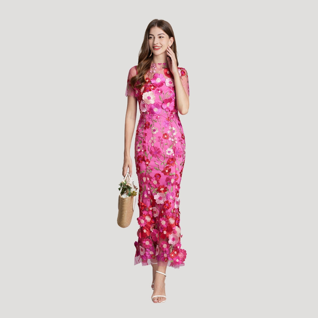 Women’s Summer Dress Floral Midi Sheer Embroidered Bodycon