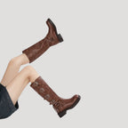 Women’s Knee High Boots Brown Buckle Riding Moto