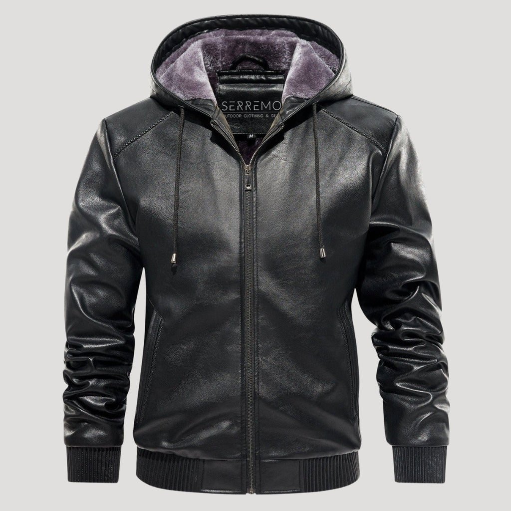Men’s Hooded Leather Bomber Jacket With Fleece Lining