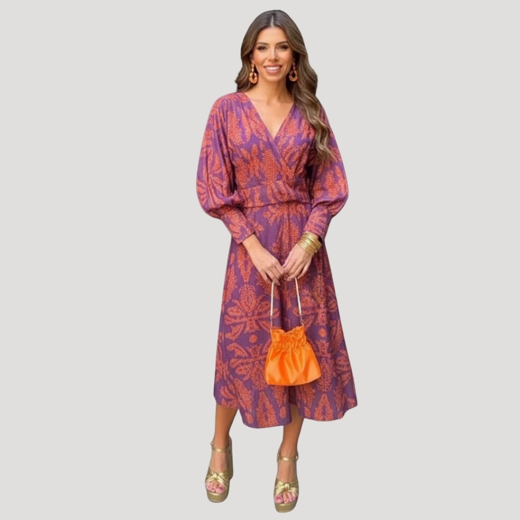 Women’s Maxi Dress Long Sleeve Wrap V Neck Boho Flowy