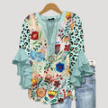 Women’s Floral Tunic Blouse Ruffle Sleeve V Neck Boho Top