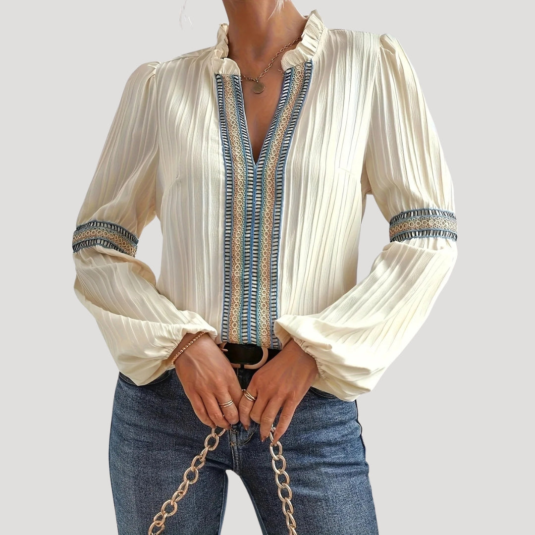 Women’s Ruffle Neck Blouse Wide Sleeve Relaxed Boho Top
