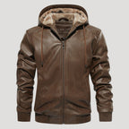 Men’s Hooded Leather Bomber Jacket With Fleece Lining