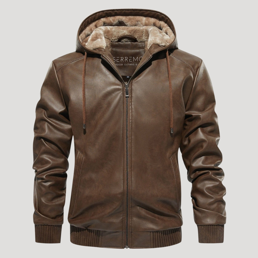 Men’s Hooded Leather Bomber Jacket With Fleece Lining