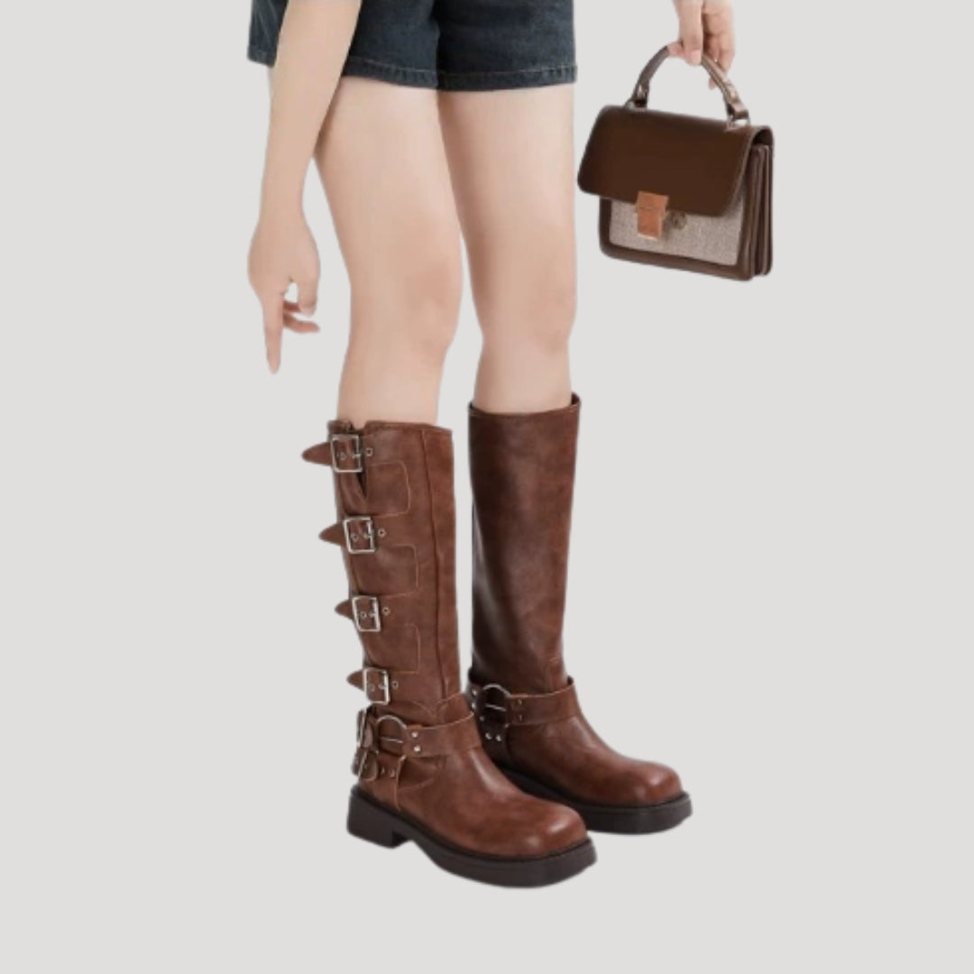 Women’s Knee High Boots Brown Buckle Riding Moto