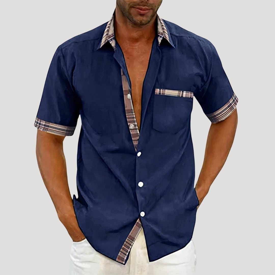 Mens Casual Shirt Short Sleeve Button Down Plaid Trim