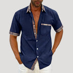 Mens Casual Shirt Short Sleeve Button Down Plaid Trim