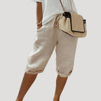 Women Linen Capri Trousers Elastic Waist Relaxed Fit