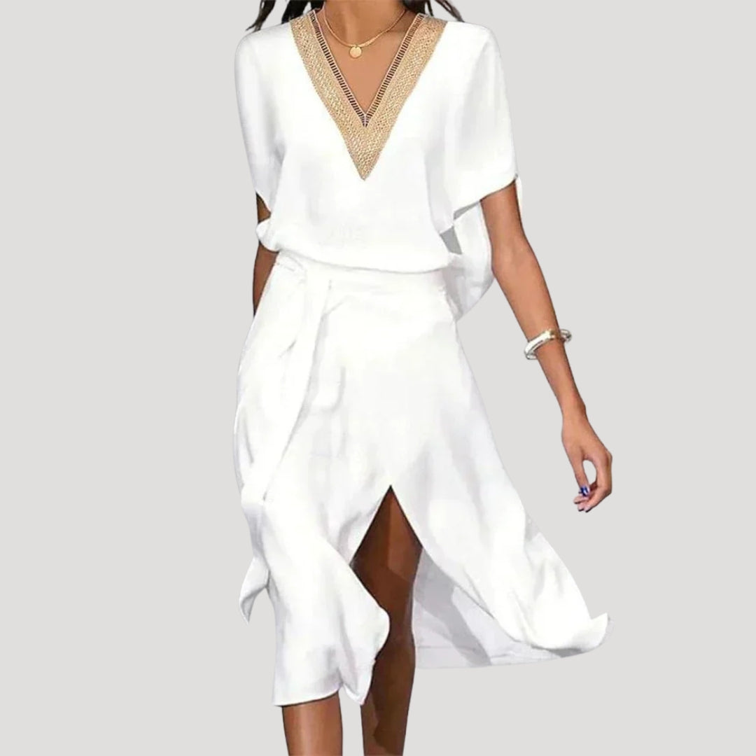 Women’s Summer Dress White Midi Wrap V Neck Short Sleeve