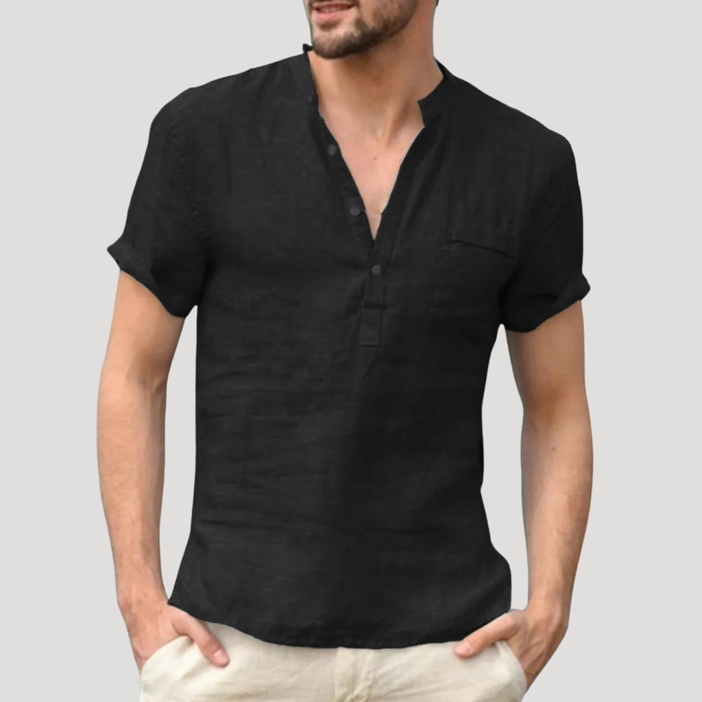 Men’s Linen Style Short Sleeve Shirt V Neck Casual Top