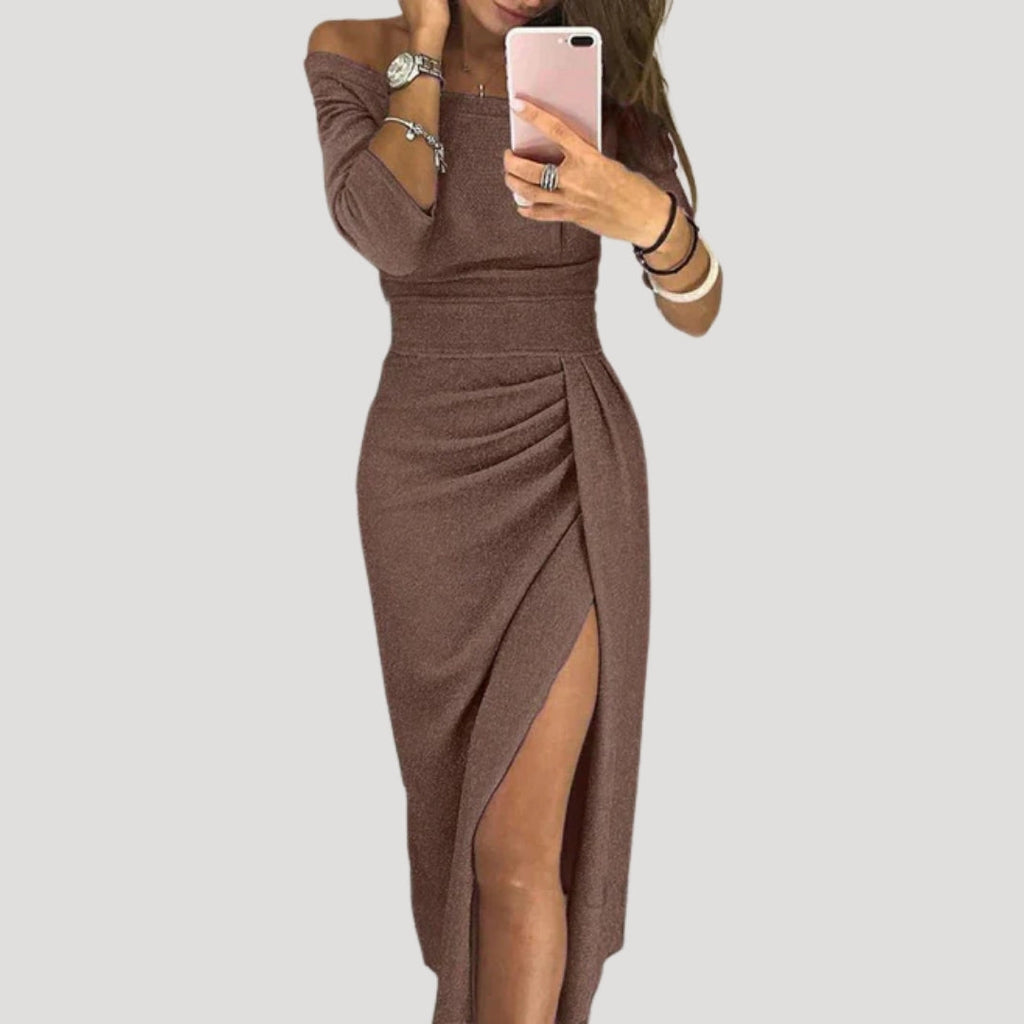 Women’s Off Shoulder Midi Dress Side Slit Bodycon Evening Gown