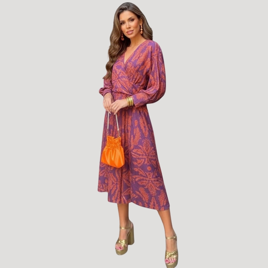 Women’s Maxi Dress Long Sleeve Wrap V Neck Boho Flowy