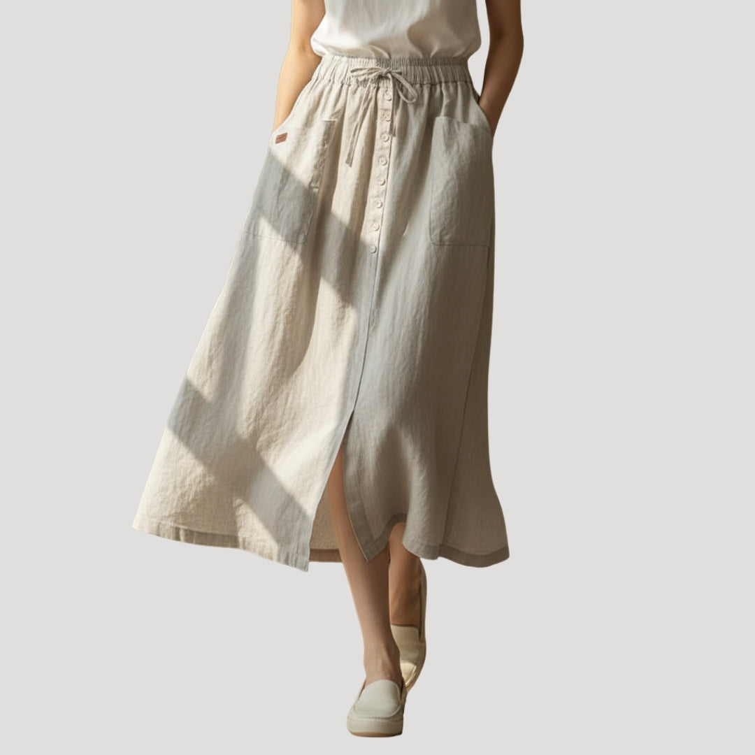 Women’s Linen Long Skirt Elastic Waist Button Front Pockets