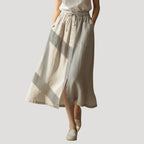 Women’s Linen Long Skirt Elastic Waist Button Front Pockets