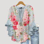 Women’s Floral Tunic Blouse Ruffle Sleeve V Neck Boho Top