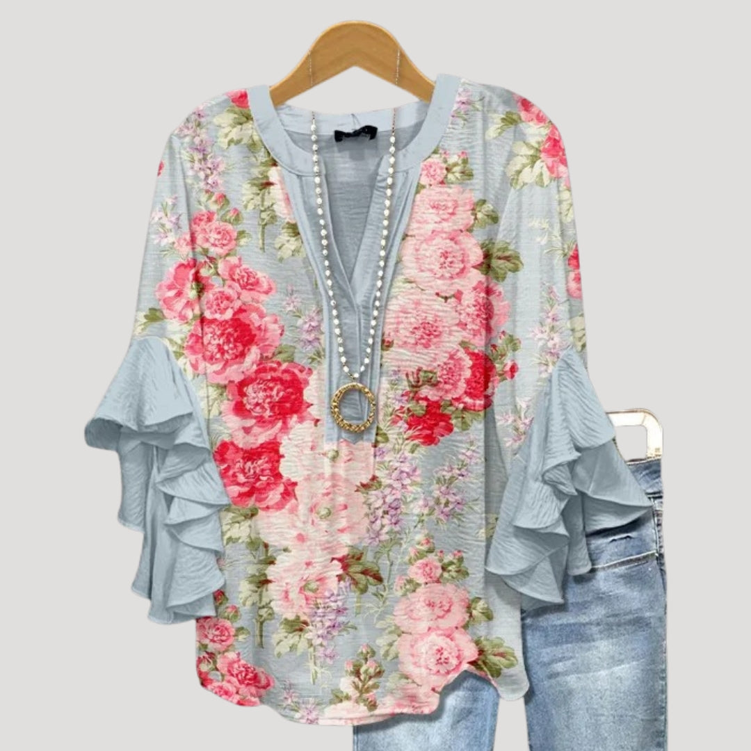 Women’s Floral Tunic Blouse Ruffle Sleeve V Neck Boho Top
