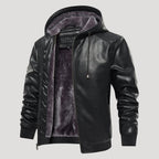 Men’s Hooded Leather Bomber Jacket With Fleece Lining