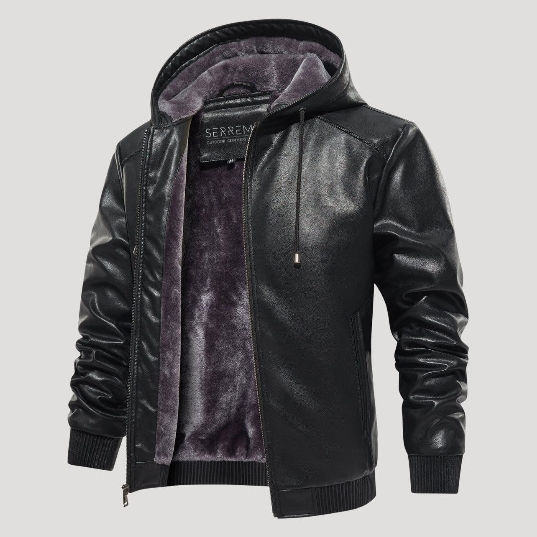 Men’s Hooded Leather Bomber Jacket With Fleece Lining