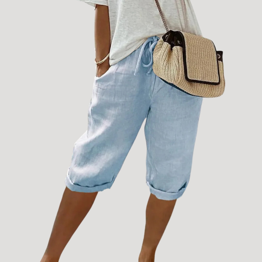 Women Linen Capri Trousers Elastic Waist Relaxed Fit