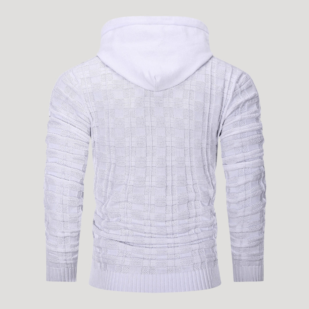 Men’s Plaid Knit Pullover Hoodie Textured Long Sleeve Sweater