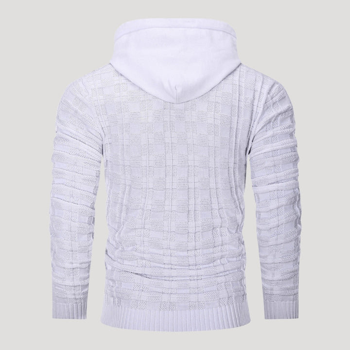 Men’s Plaid Knit Pullover Hoodie Textured Long Sleeve Sweater