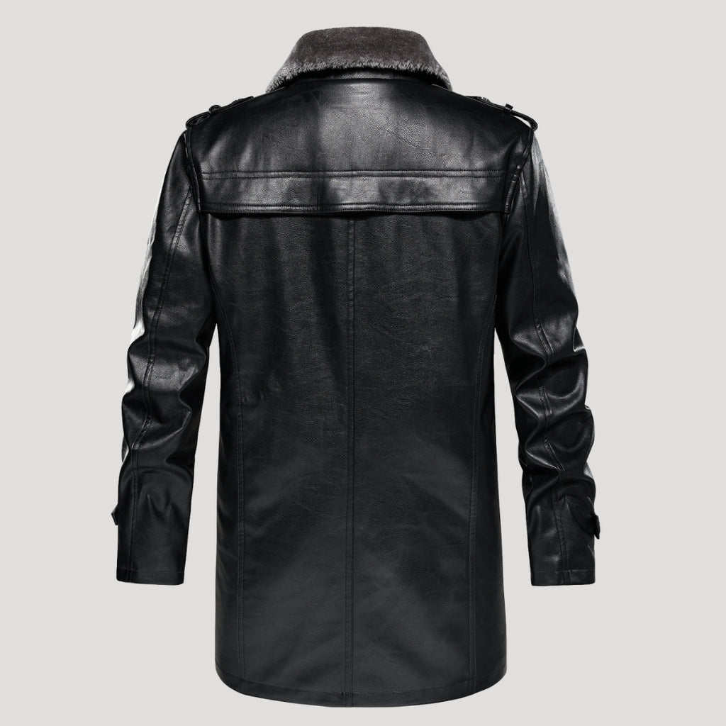 Men’s Faux Fur Collar Leather Trench Coat Longline Style