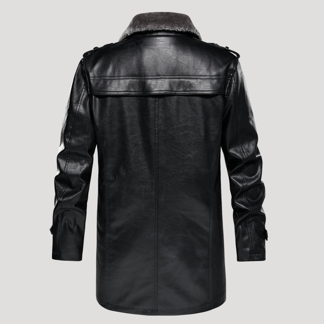 Men’s Faux Fur Collar Leather Trench Coat Longline Style