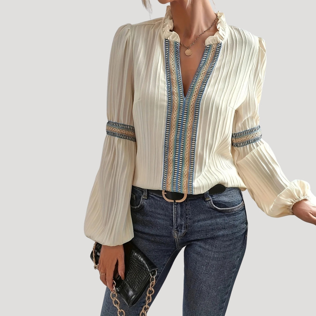 Women’s Ruffle Neck Blouse Wide Sleeve Relaxed Boho Top