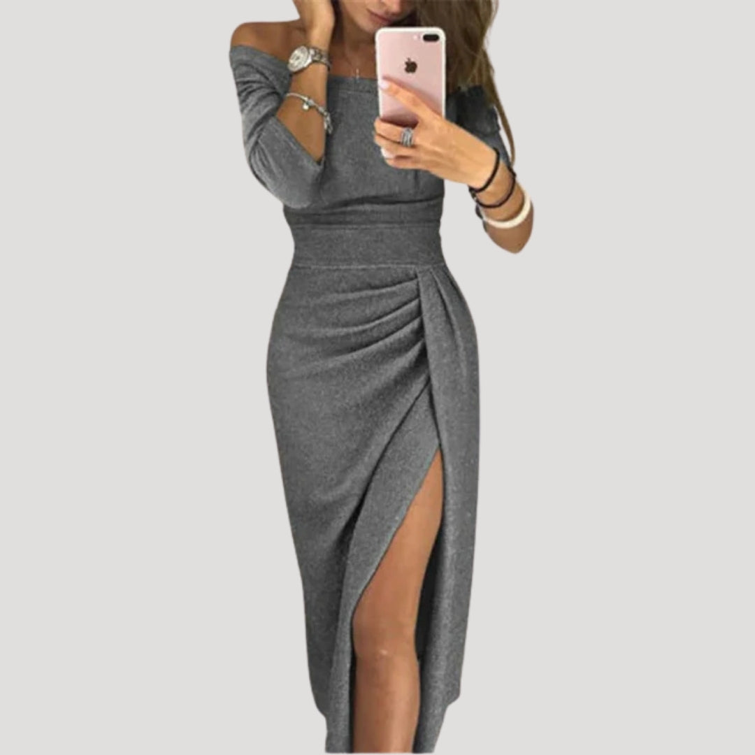 Women’s Off Shoulder Midi Dress Side Slit Bodycon Evening Gown