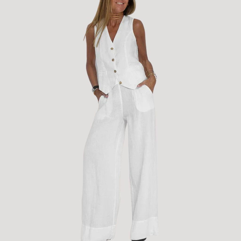 Women’s Linen Pants Set Sleeveless Vest Wide Leg Trousers