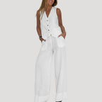 Women’s Linen Pants Set Sleeveless Vest Wide Leg Trousers