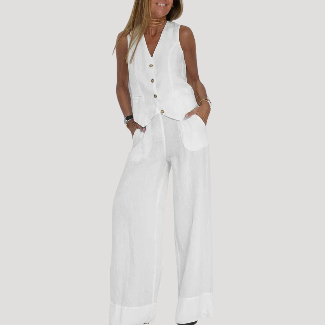 Women’s Linen Pants Set Sleeveless Vest Wide Leg Trousers