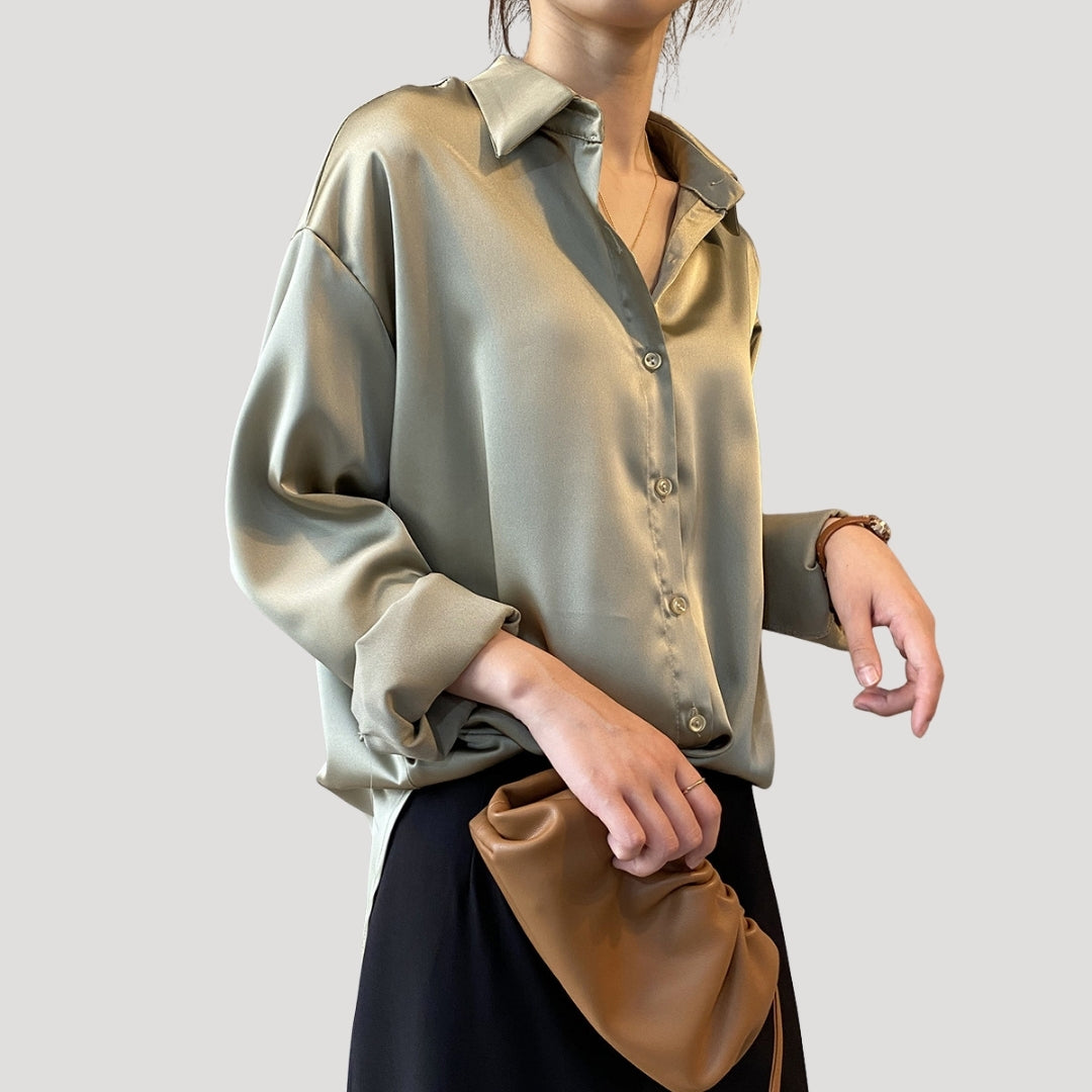 Women’s Satin Button Down Blouse Long Sleeve Shirt Top