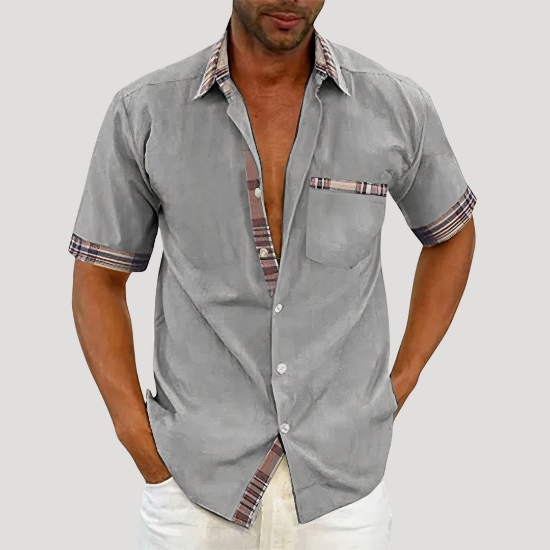 Mens Casual Shirt Short Sleeve Button Down Plaid Trim