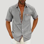 Mens Casual Shirt Short Sleeve Button Down Plaid Trim