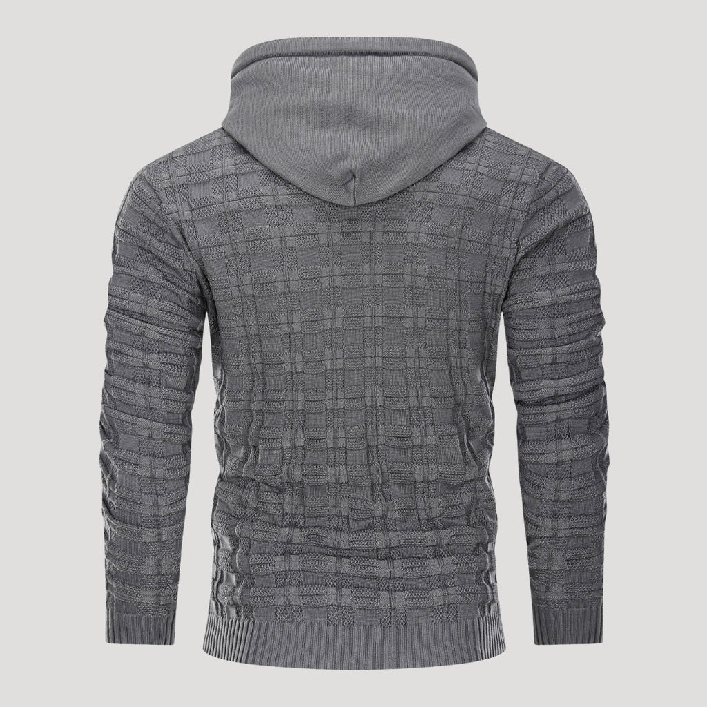 Men’s Plaid Knit Pullover Hoodie Textured Long Sleeve Sweater