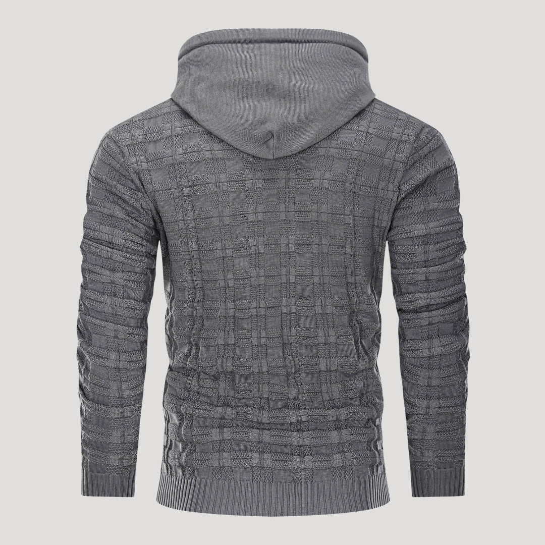 Men’s Plaid Knit Pullover Hoodie Textured Long Sleeve Sweater